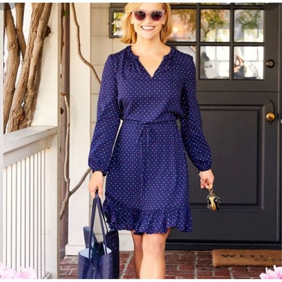 Draper James Multi Dot Popcover Dress ASO Reese Witherspoon sz Large Navy blue - Picture 1 of 10